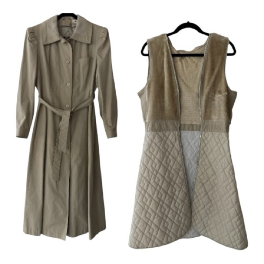J GALLERY trench coat, Vintage, beige sz 13/14,zip in fur quilted lining, collar